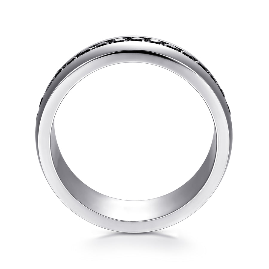 14K White Gold and Black Diamond Men's Band in High Polished Finish