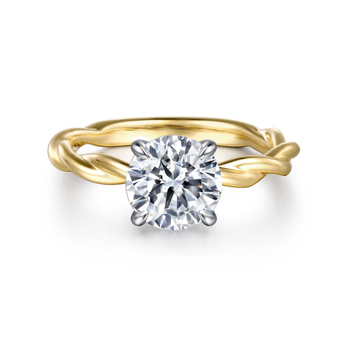 Bague de fiançailles en or blanc-jaune 14 carats, torsadée, avec diamant rond