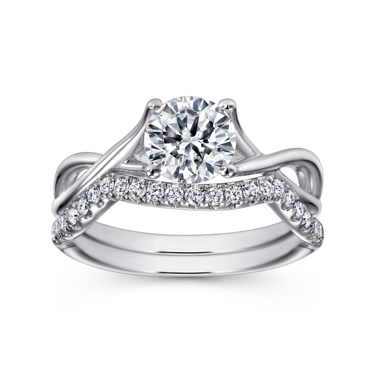 14K White Gold Round Twisted Diamond Engagement Ring - View 4