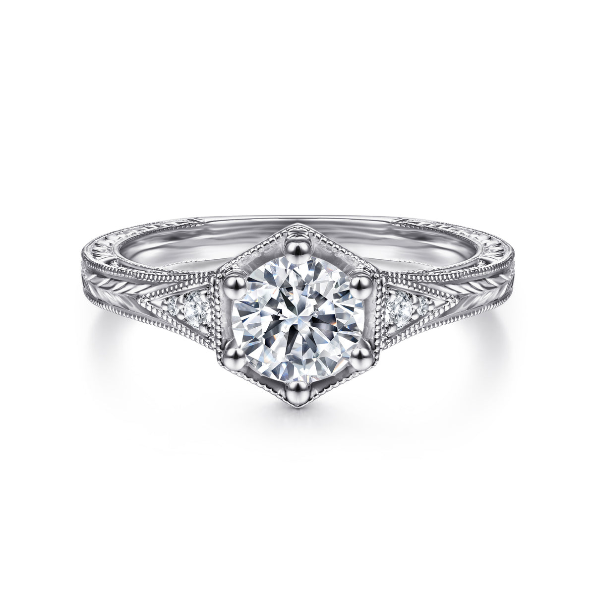 Vintage Inspired 14K Gold 6 Prong Round Diamond Engagement Ring - View 1