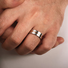 14K White-Rose Gold 7mm Three Row Satin Finish Men's Wedding Band in Two Tone thumbnail 5