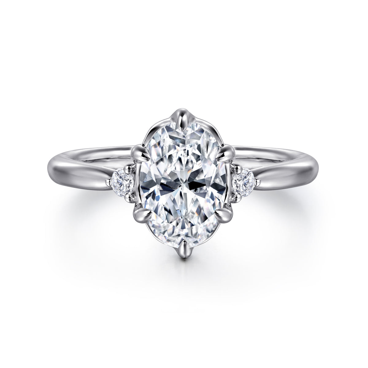 14K Gold 6 Prong Oval Three Stone Diamond Engagement Ring - View 1