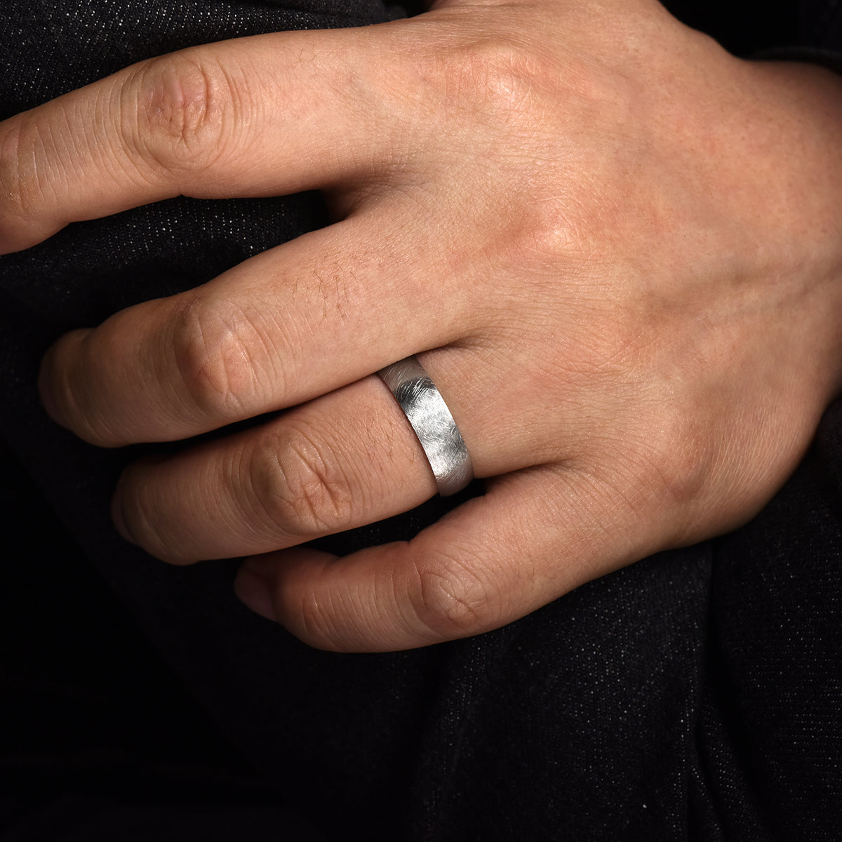 14K White Gold 6mm Men's Wedding Band in Diamond Brush Finish - View 5