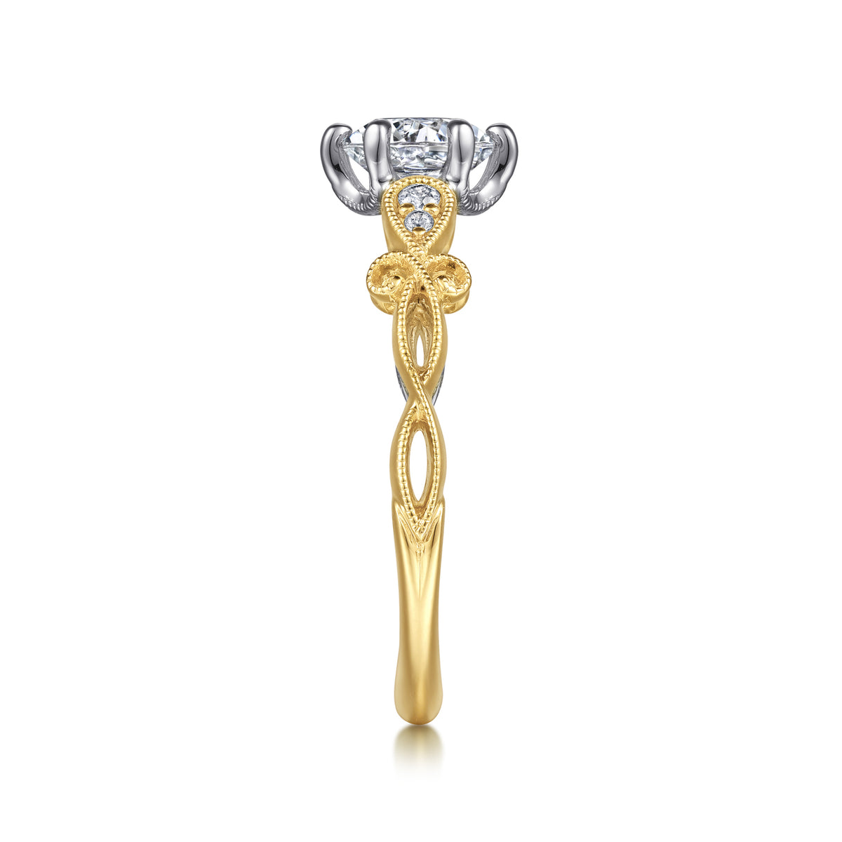 14K White-Yellow Gold Floral Round Diamond Engagement Ring - View 5
