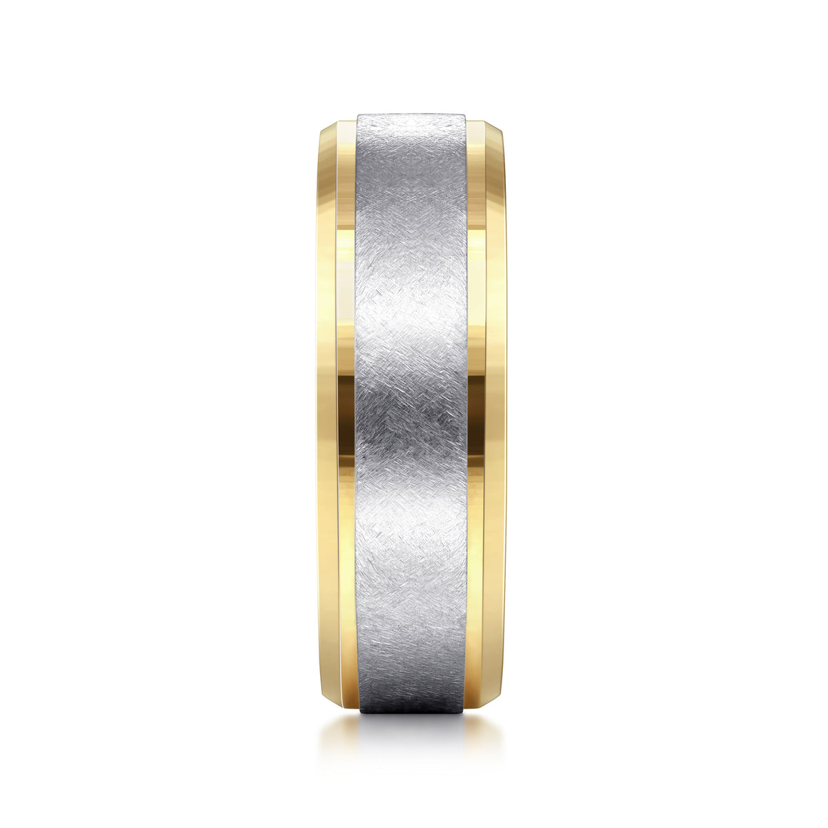 14K White-Yellow Gold 7mm Beveled Edge Men's Wedding Band in Diamond Scratch Finish - View 4