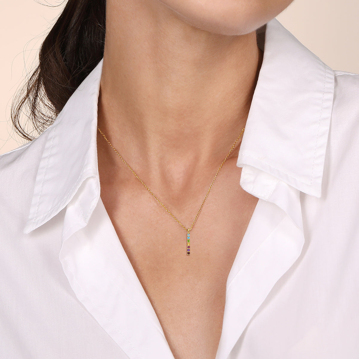 14K Yellow Gold Rainbow Color Stone Bar Necklace - View 3
