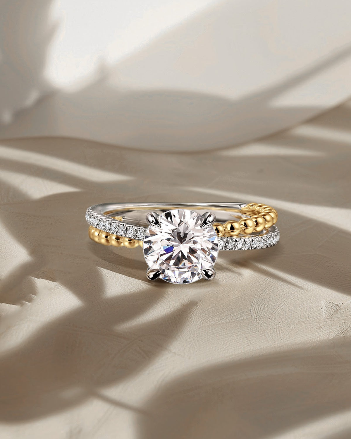 14K White-Yellow Gold Split Shank Round Hidden Halo Diamond Engagement Ring - View 6