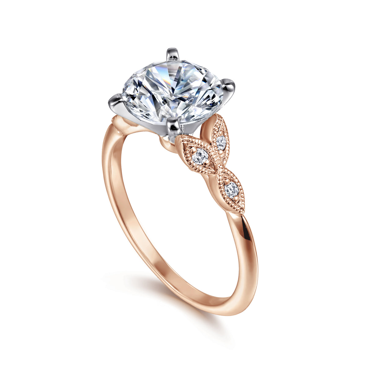 Vintage Inspired 14K White-Rose Gold Split Shank Round Diamond Engagement Ring - View 3