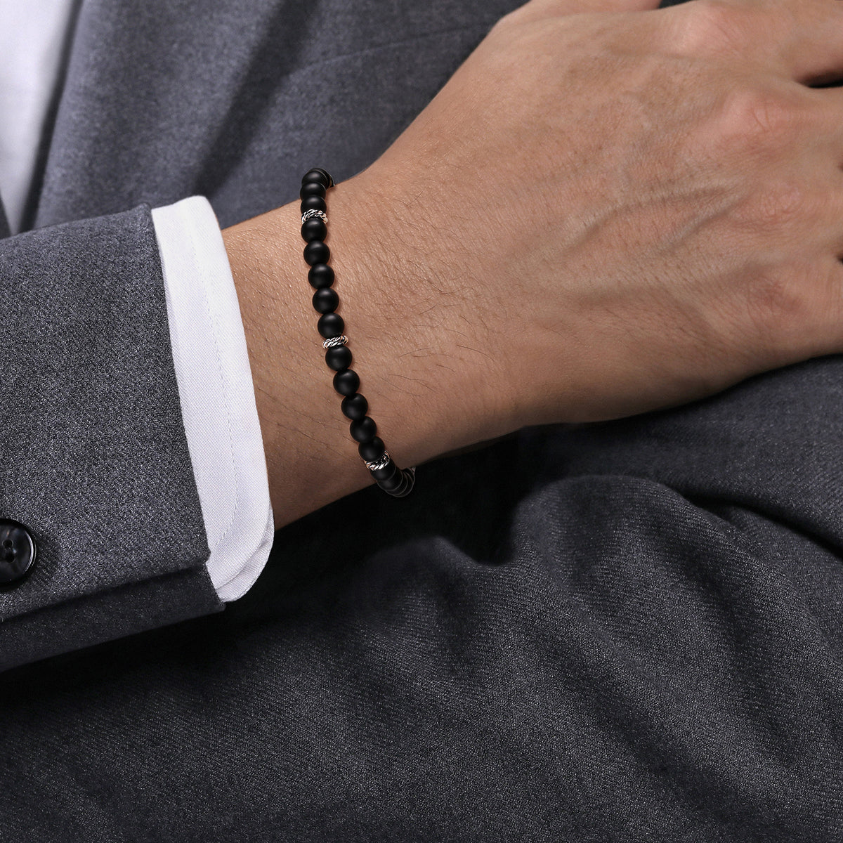 Sterling Silver and 6mm Matte Onyx Beaded Bracelet - View 3
