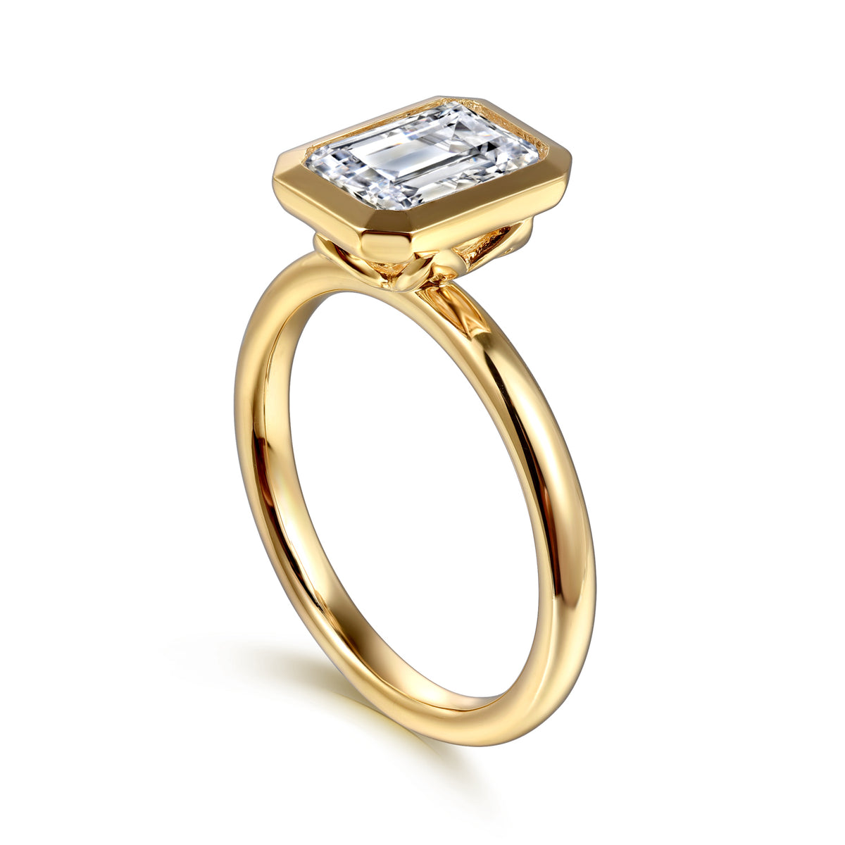 14K Yellow Gold Emerald Cut Bezel Set Diamond Engagement Ring - View 3