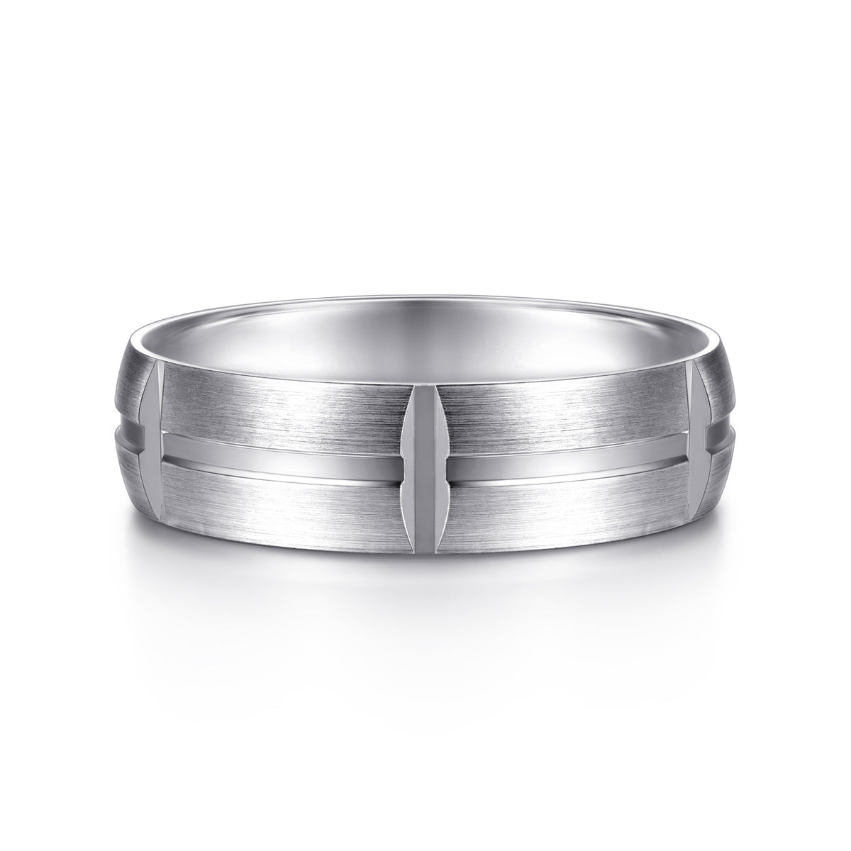 14K White Gold 6mm Carved Station Men's Wedding Band in Satin Finish - View 1