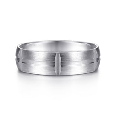 14K White Gold 6mm Carved Station Men's Wedding Band in Satin Finish thumbnail 1