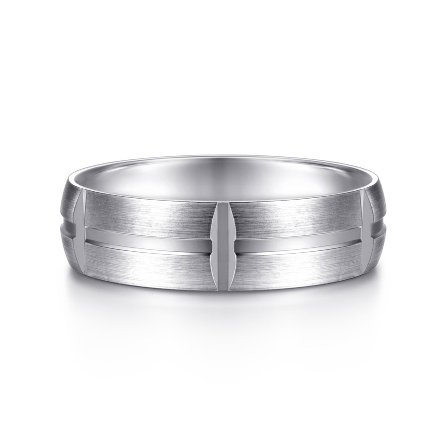 14K White Gold 6mm Carved Station Men's Wedding Band in Satin Finish