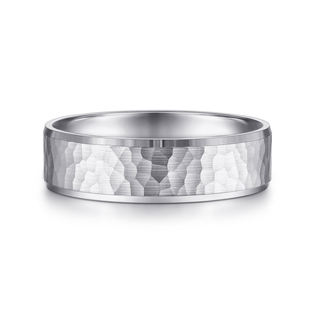 14K White Gold 6mm Men's Wedding Band in Hammered Finish - View 1