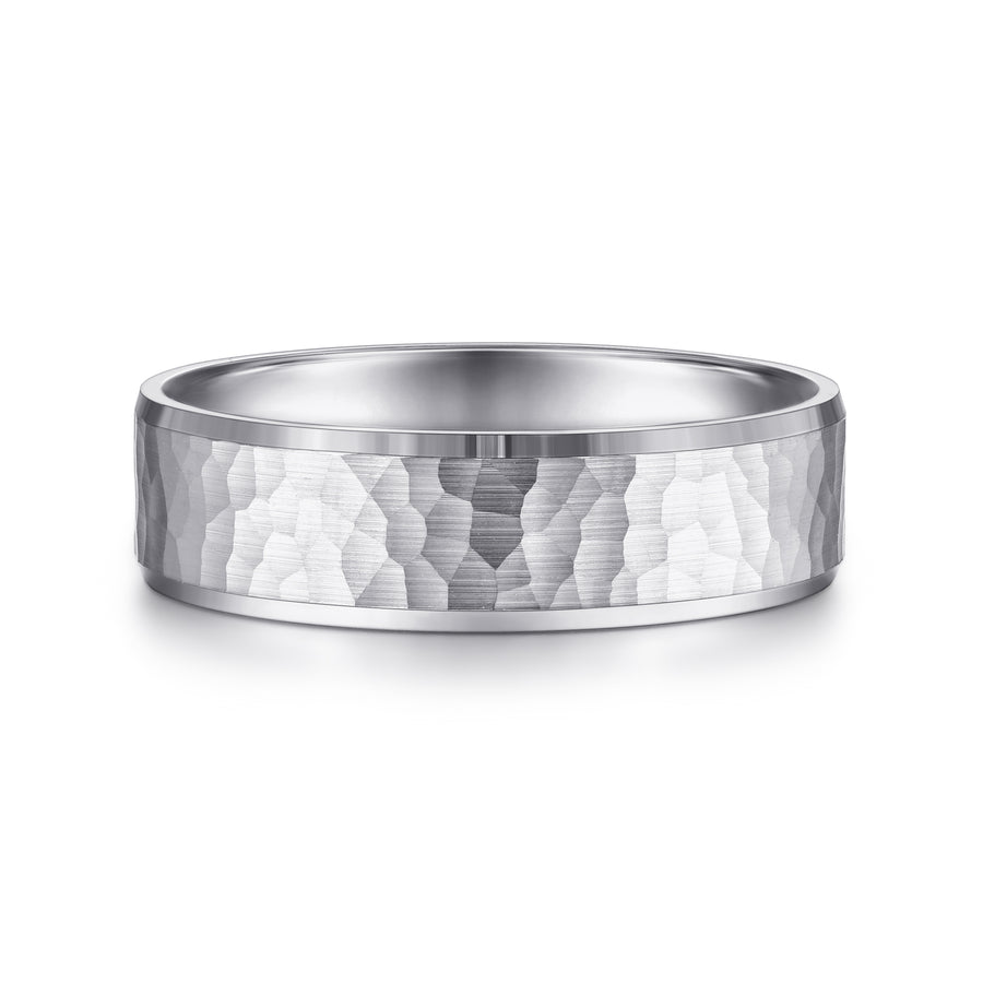 14K White Gold 6mm Men's Wedding Band in Hammered Finish