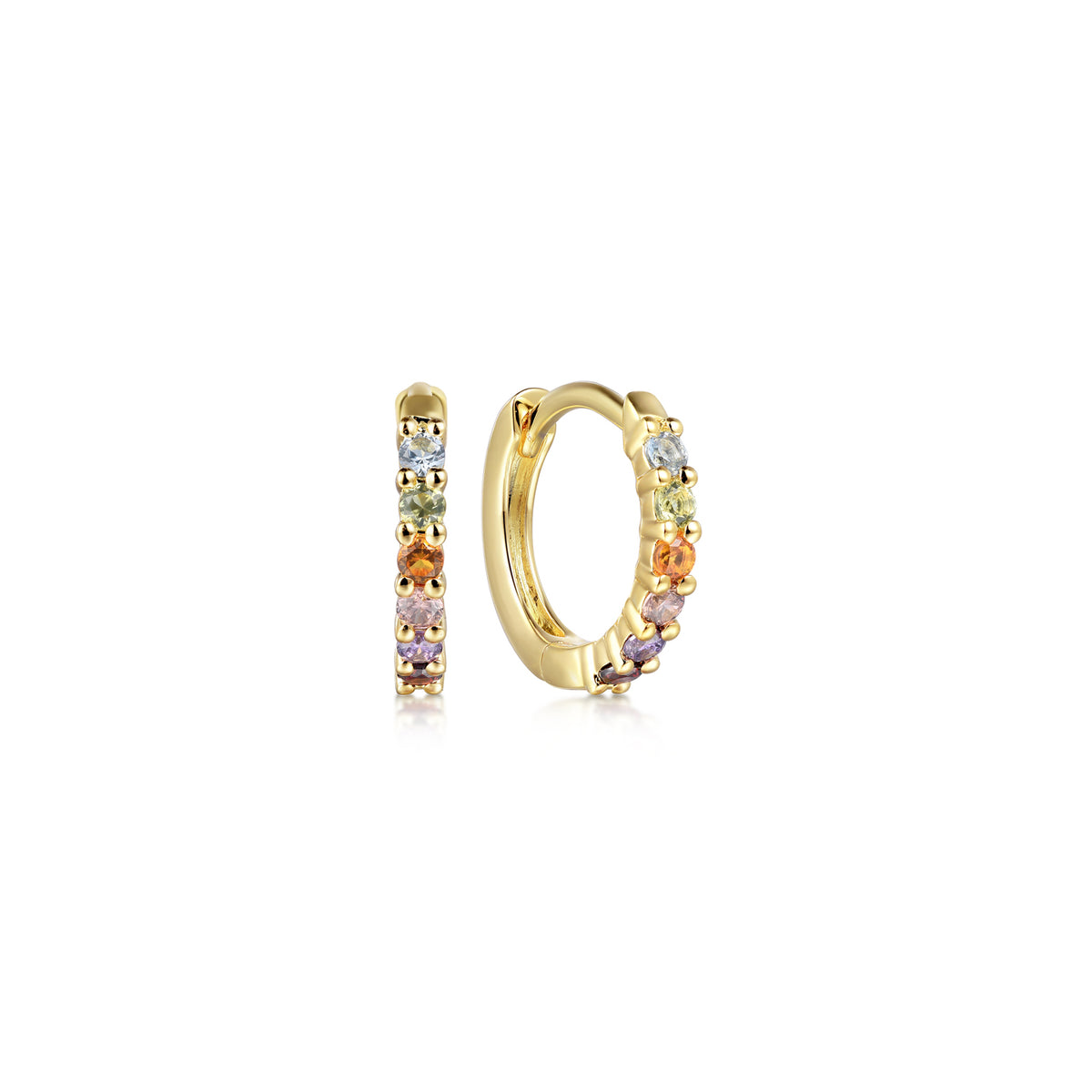 14K Yellow Gold Color Stone Rainbow Huggie Earrings, 10mm - View 1