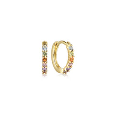14K Yellow Gold Color Stone Rainbow Huggie Earrings, 10mm thumbnail 1
