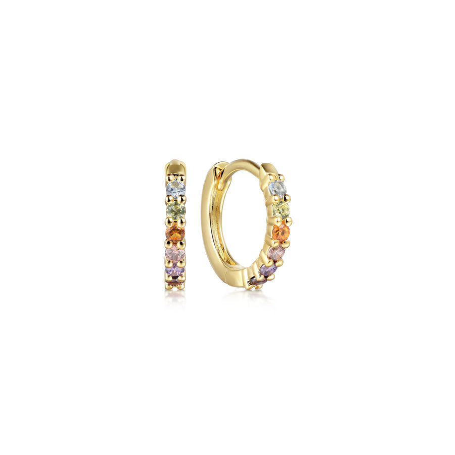 14K Yellow Gold Color Stone Rainbow Huggie Earrings, 10mm
