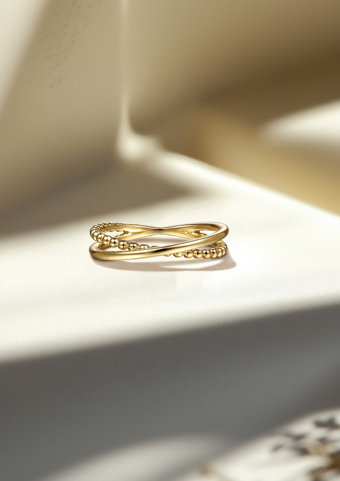 14K Yellow Gold Beaded Criss Cross Ring - View 6