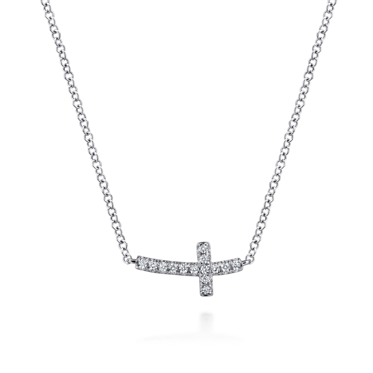 14K White Gold Sideways Curved Diamond Cross Necklace - View 1