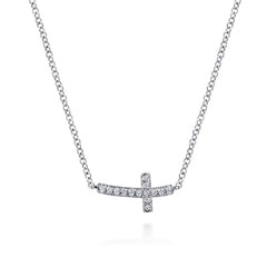 14K White Gold Sideways Curved Diamond Cross Necklace thumbnail 1