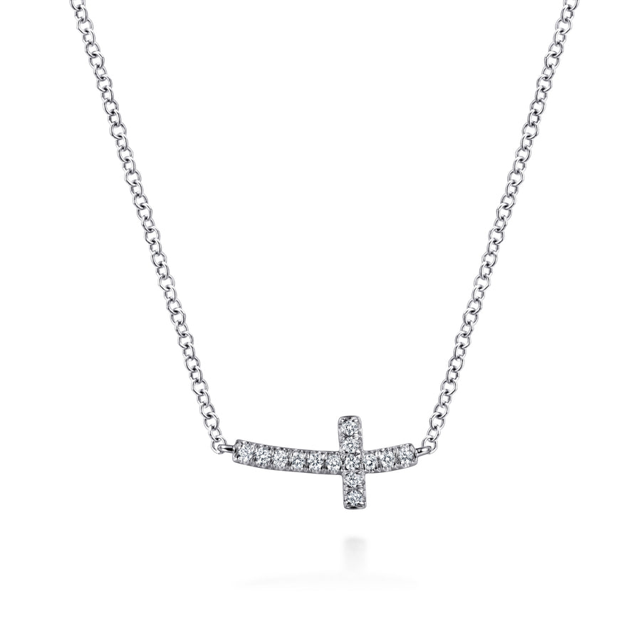 14K White Gold Sideways Curved Diamond Cross Necklace