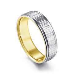 14K White-Yellow Gold 6mm Men's Wedding Band with Vertical Etching thumbnail 3