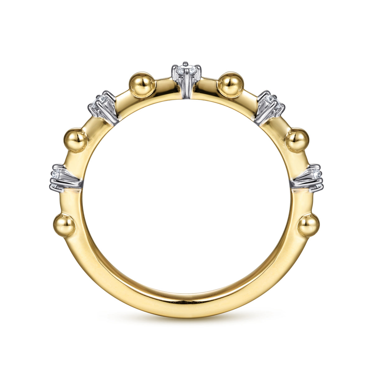 14K Yellow Gold Beaded and Diamond Station Alternating Ring - View 2
