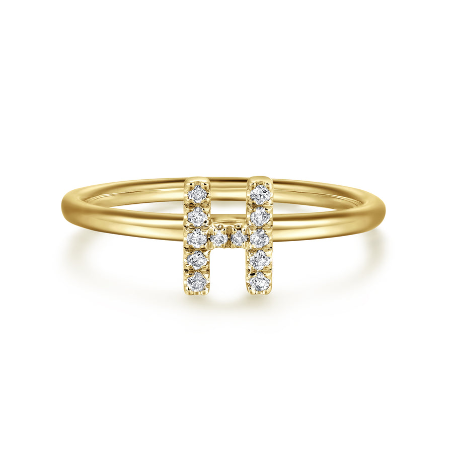 14K Yellow Gold Pavé Diamond Uppercase H Initial Ring