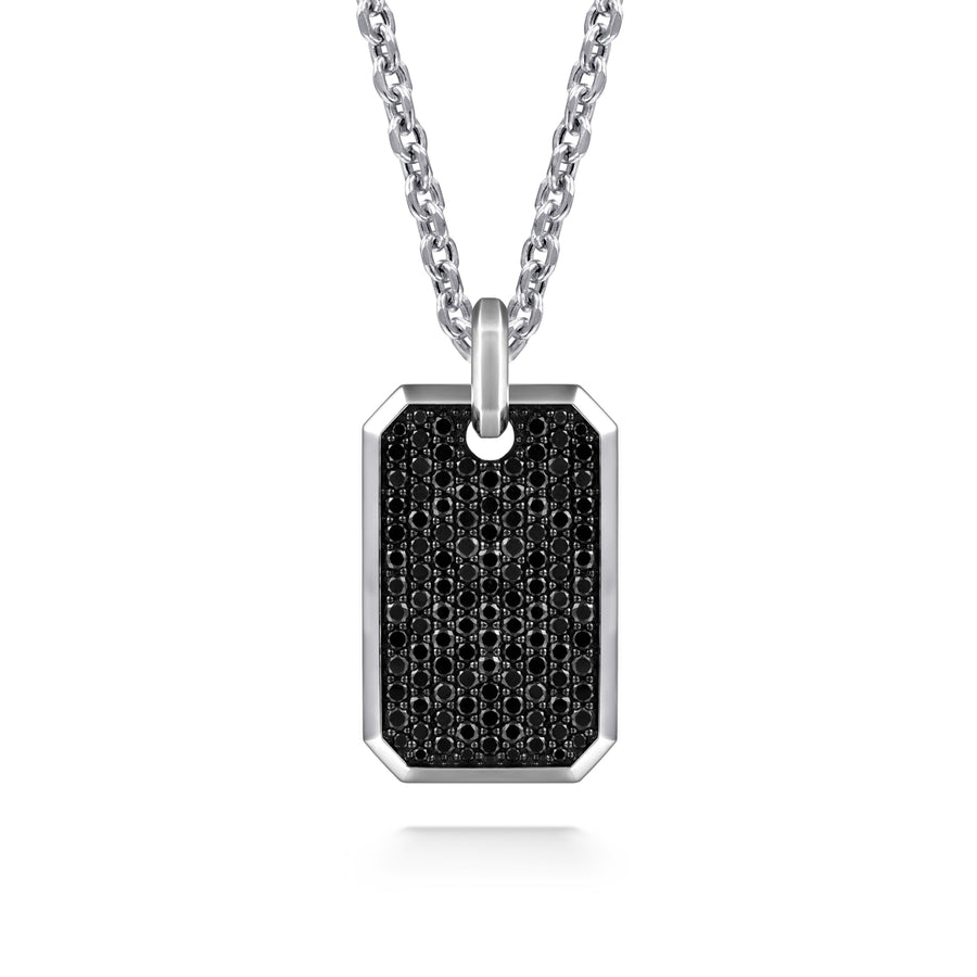 22 Inch 925 Sterling Silver Black Spinel Dog Tag Pendant Necklace