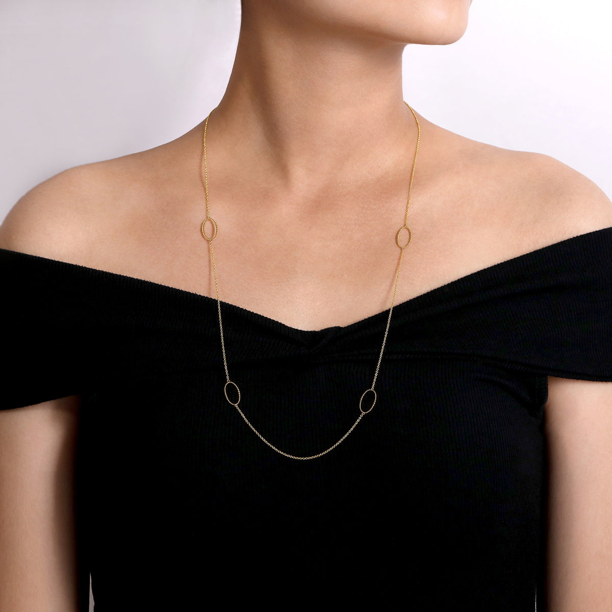 28 inch 14K Yellow Gold Beaded Oval Station Necklace - View 3