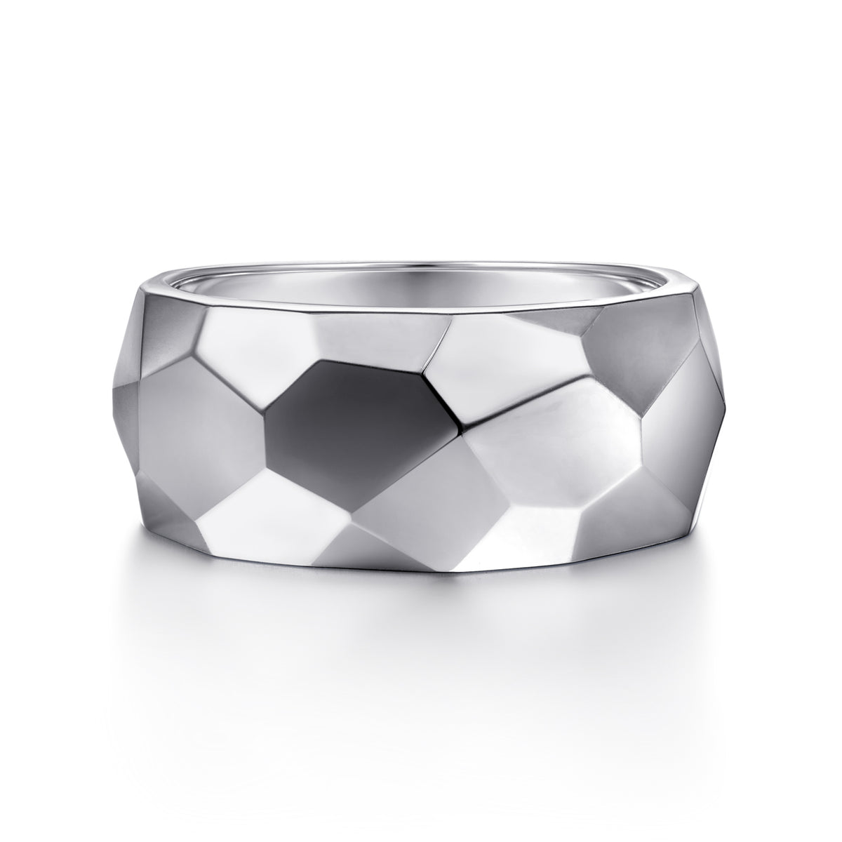 Wide 925 Sterling Silver Faceted Band in High Polished Finish - View 1