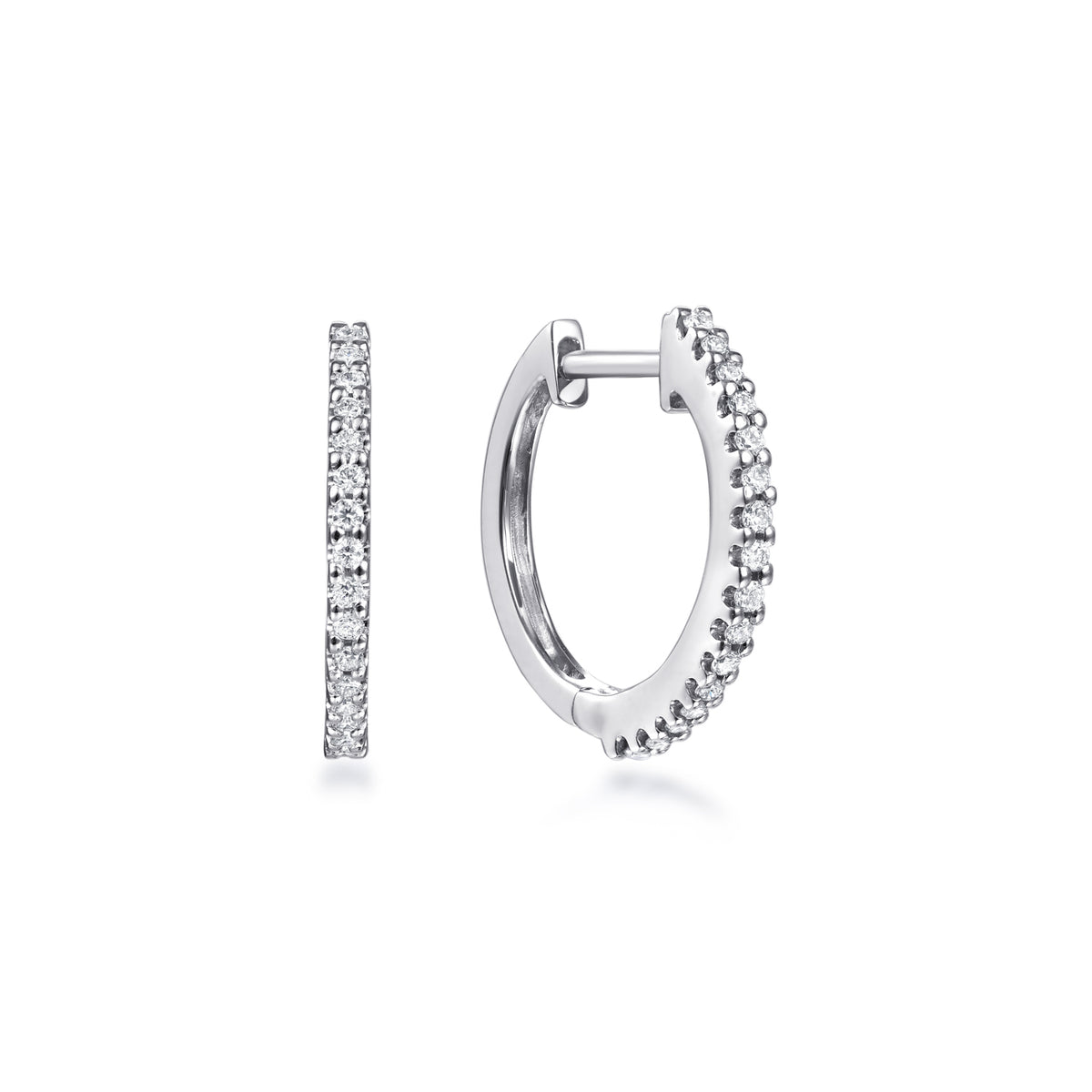 14K White Gold Round Scalloped 15mm Diamond Huggie Earrings - View 1