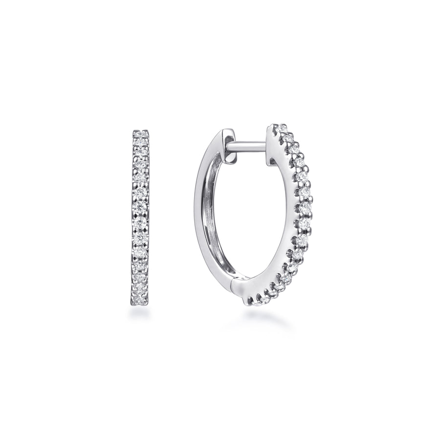 14K White Gold Round Scalloped 15mm Diamond Huggie Earrings