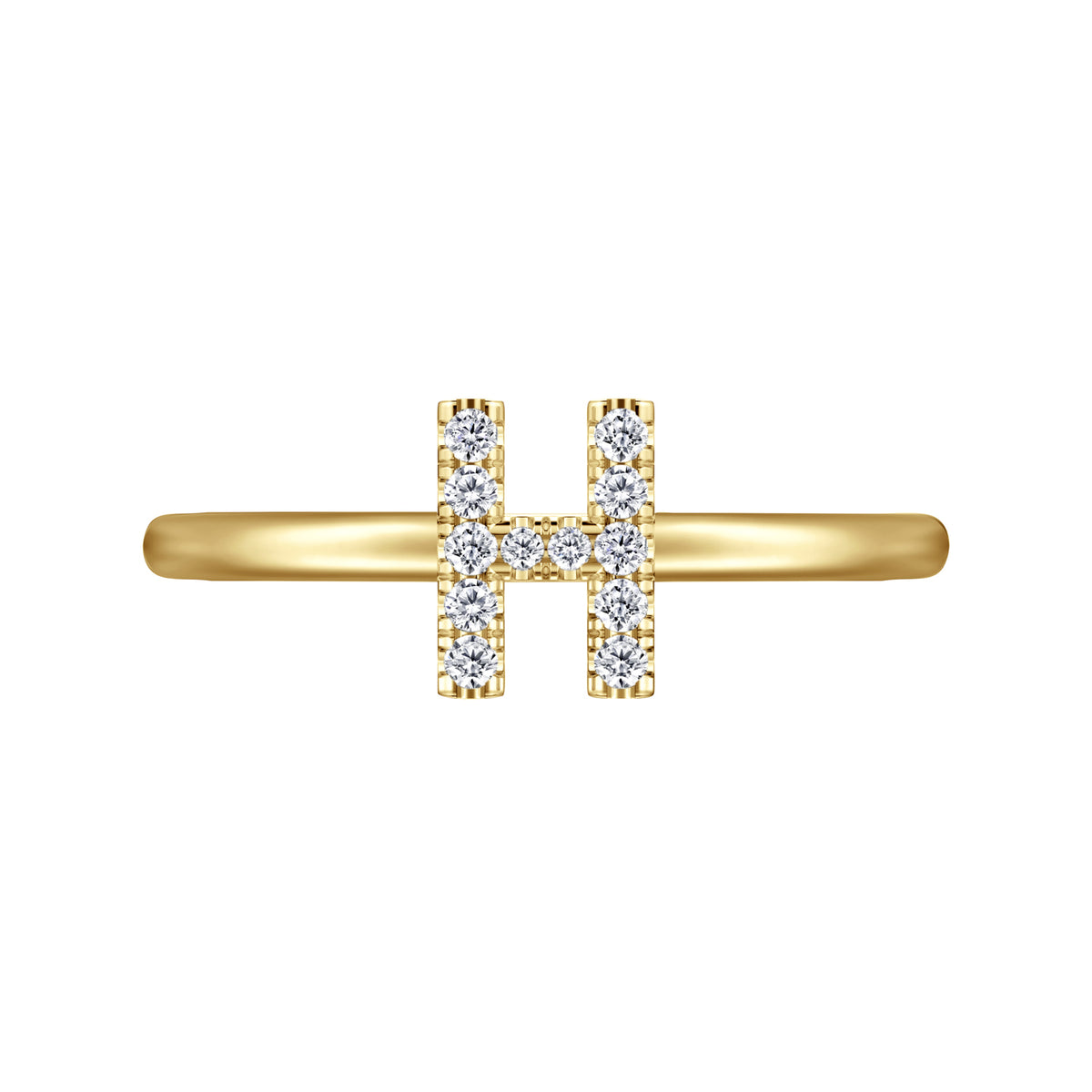 14K Yellow Gold Pavé Diamond Uppercase H Initial Ring - View 5