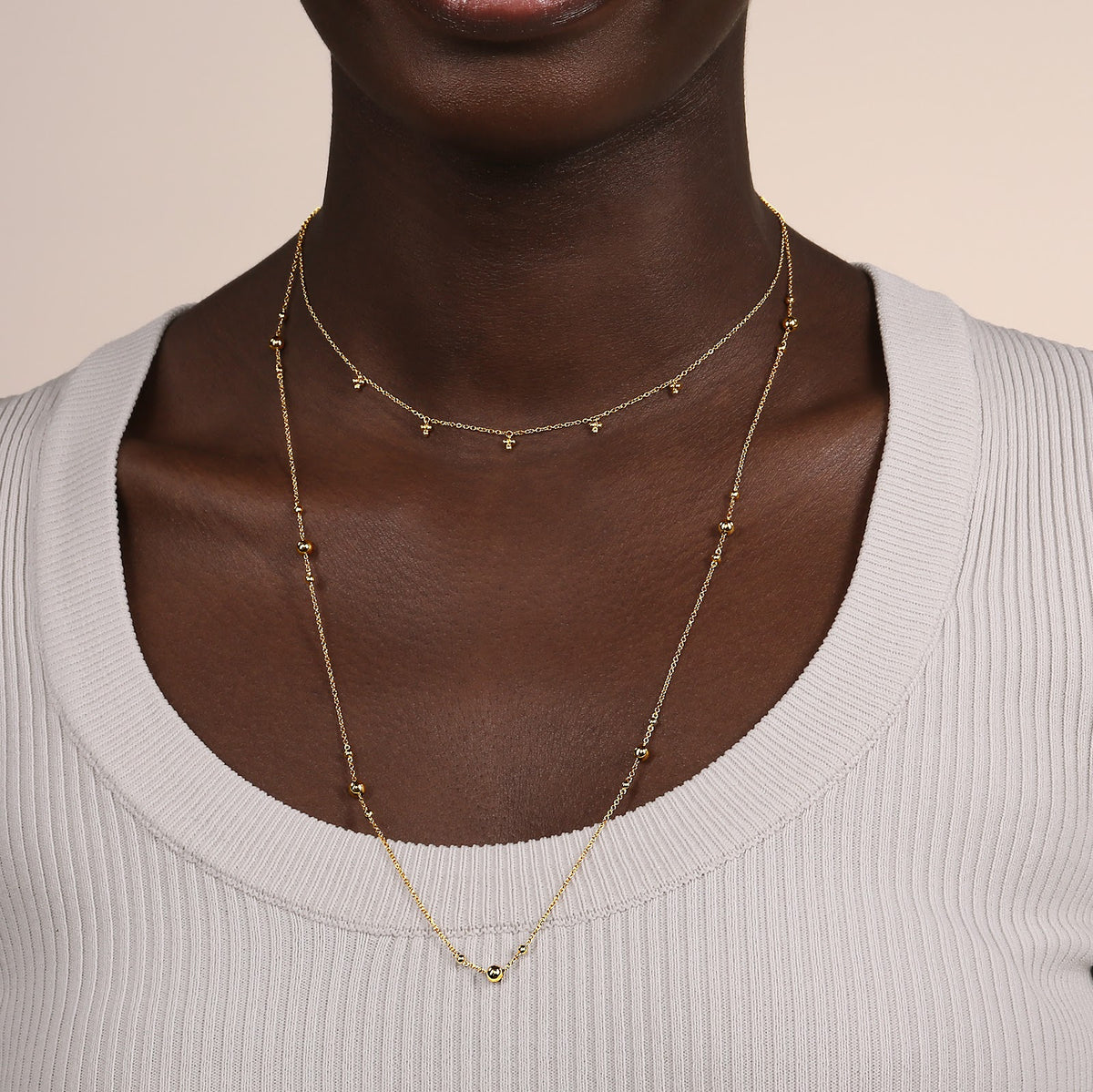 14K Yellow Gold Beaded Station Droplet Necklace - View 4