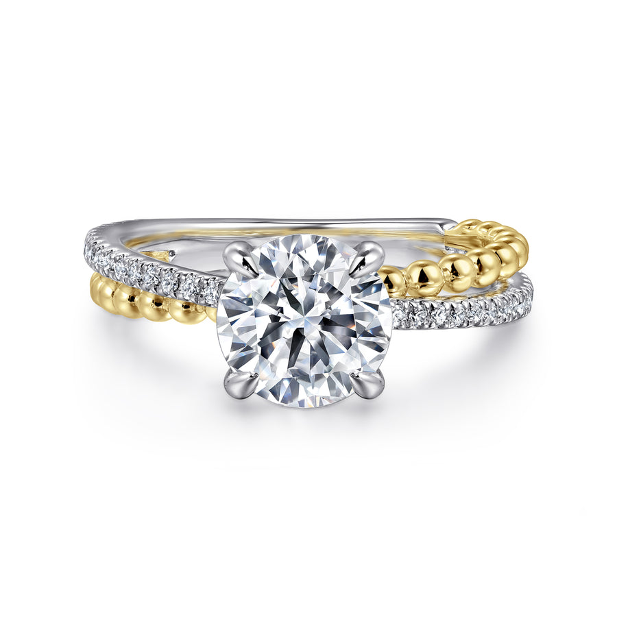 14K White-Yellow Gold Split Shank Round Hidden Halo Diamond Engagement Ring