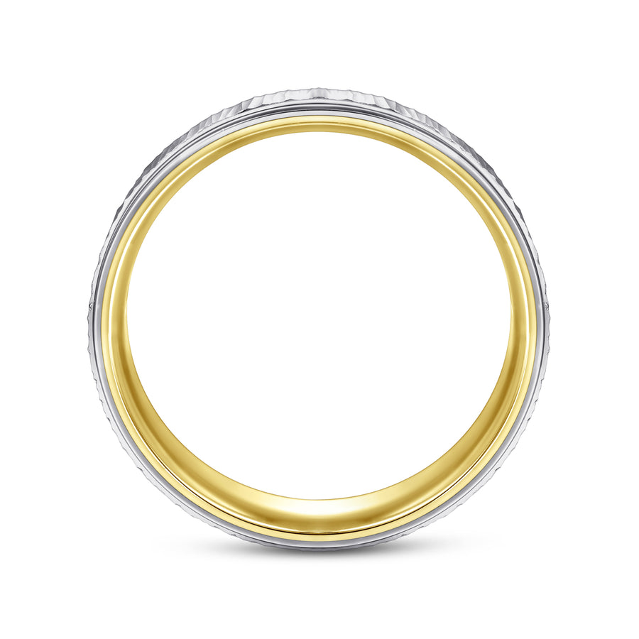 14K White-Yellow Gold 6mm Men's Wedding Band with Vertical Etching