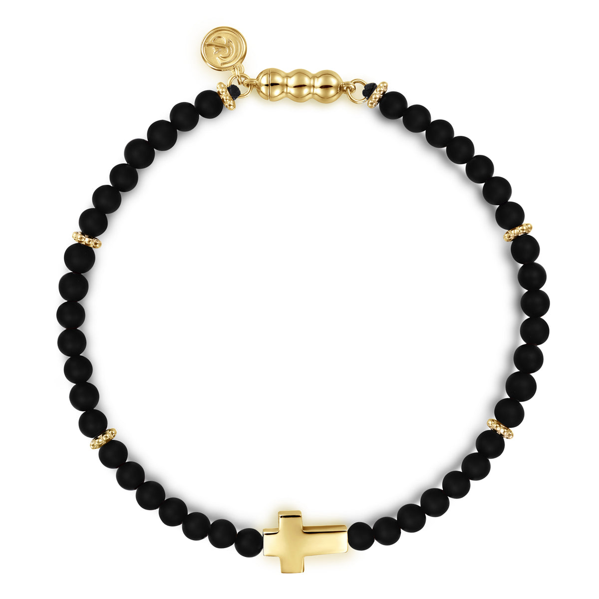 14K Yellow Gold Cross Bracelet with 4mm Matte Onyx Beads - View 1