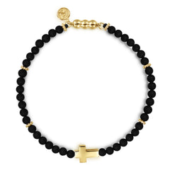 14K Yellow Gold Cross Bracelet with 4mm Matte Onyx Beads thumbnail 1