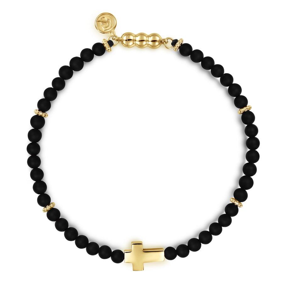 14K Yellow Gold Cross Bracelet with 4mm Matte Onyx Beads