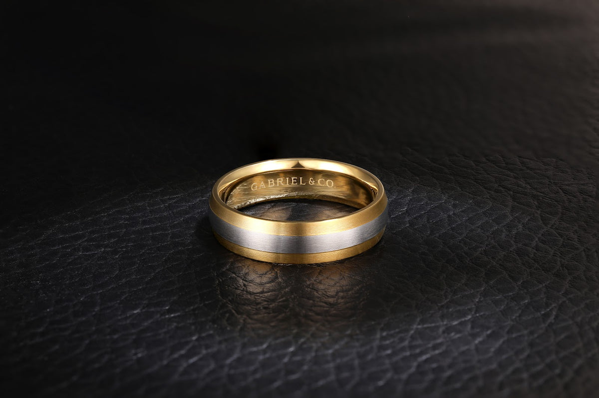 14K White-Yellow Gold 6mm Two Tone Men's Wedding Band in Satin Finish - View 6