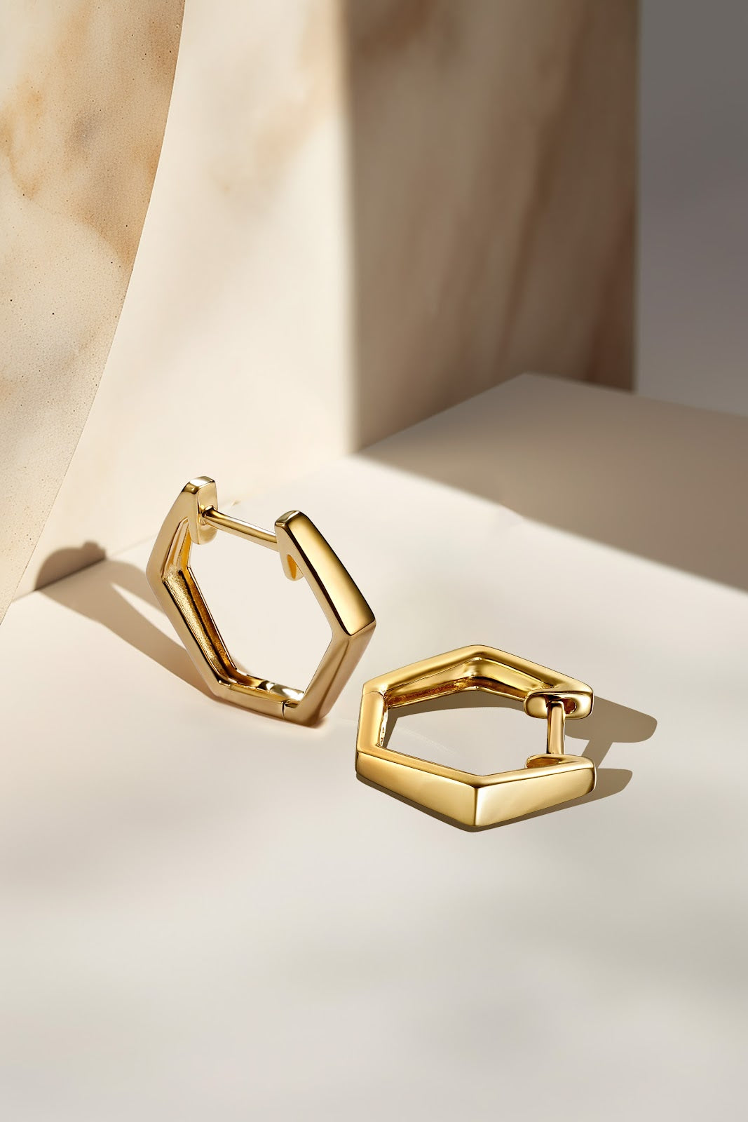 14K Yellow Gold Geometric Huggie Earrings - View 3