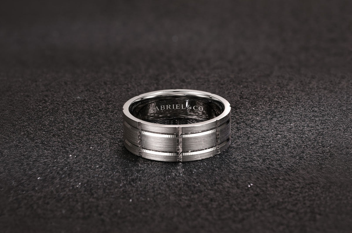 14K White Gold 6mm Checkerboard Pattern Men's Wedding Band in Satin Finish - View 6