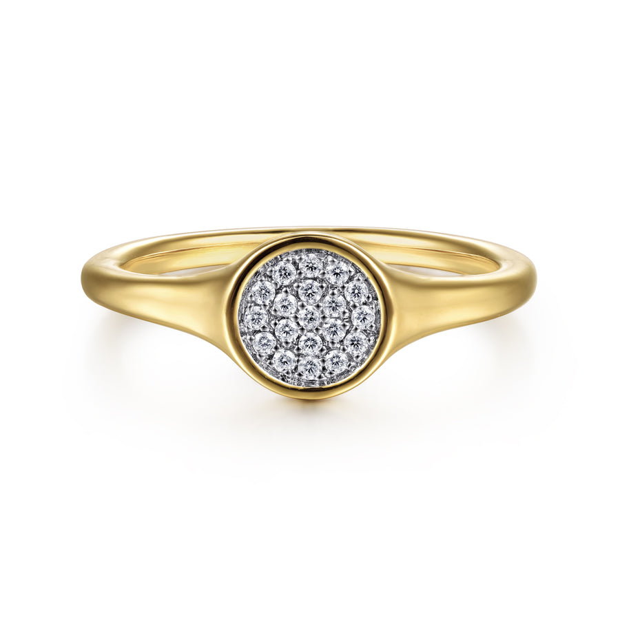 14K Yellow Gold Cluster Pavé Diamond Signet Promise Ring