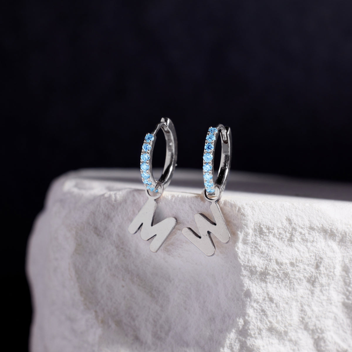 Custom Initial Blue Topaz Huggies - View 15