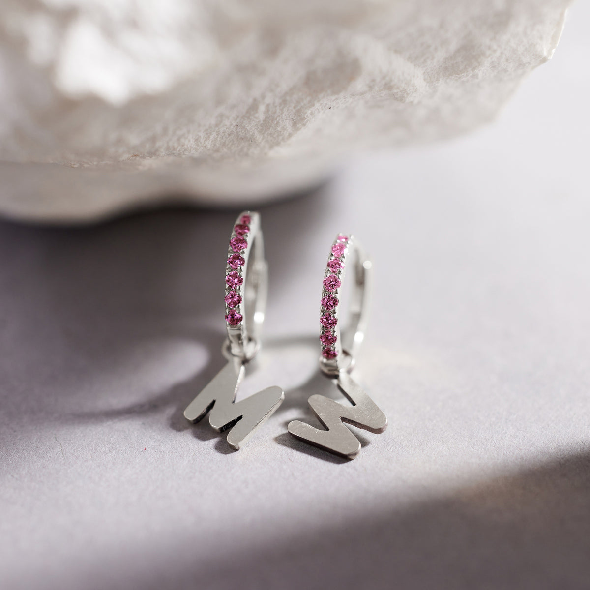 Custom Initial Pink Sapphire Huggies - View 13
