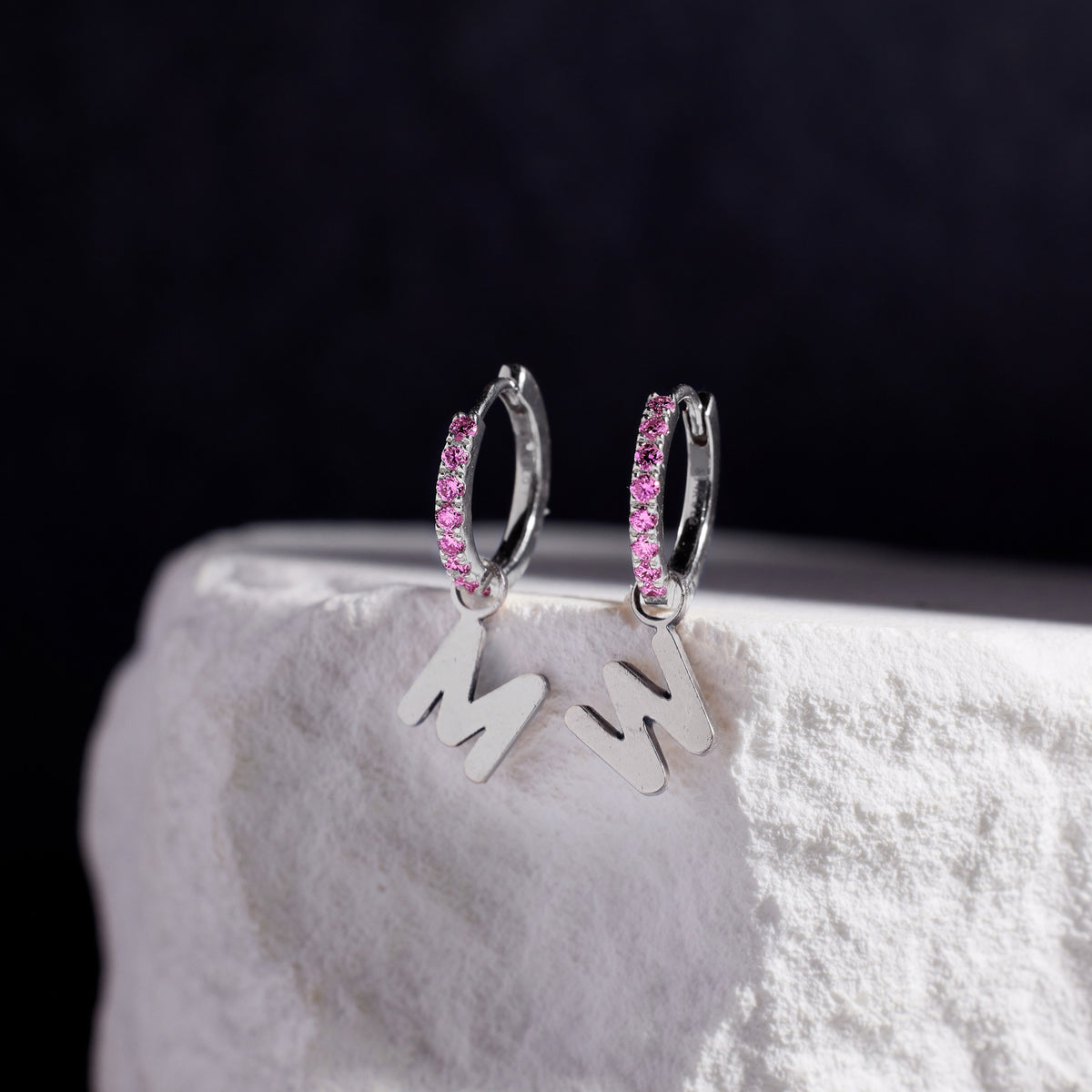 Custom Initial Pink Sapphire Huggies - View 15