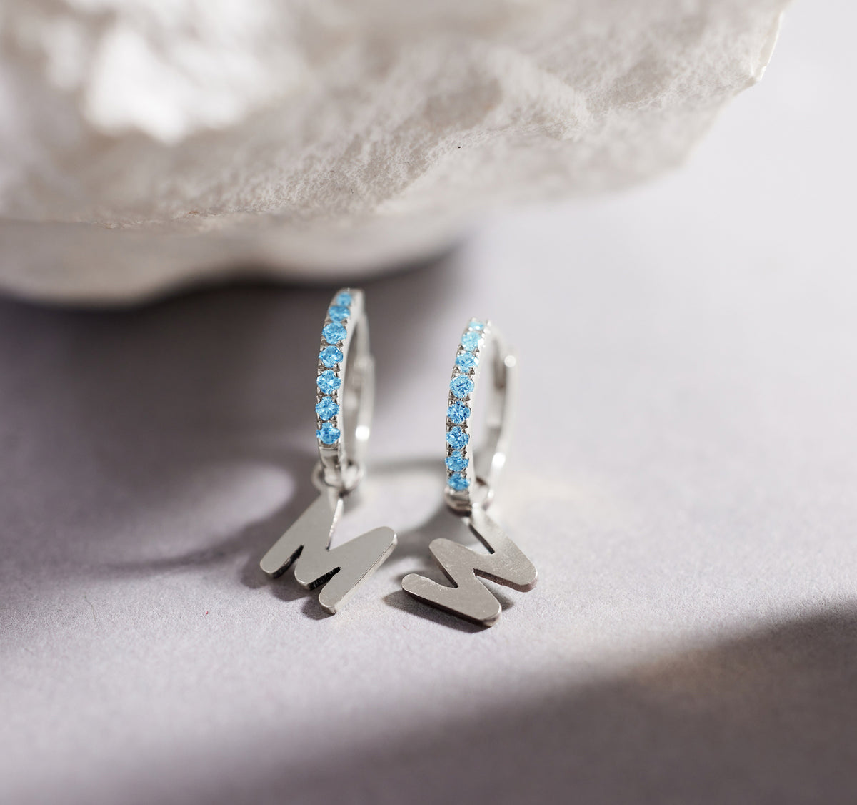 Custom Initial Blue Topaz Huggies - View 7