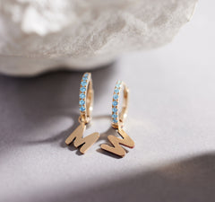 Custom Initial Blue Topaz Huggies thumbnail 1